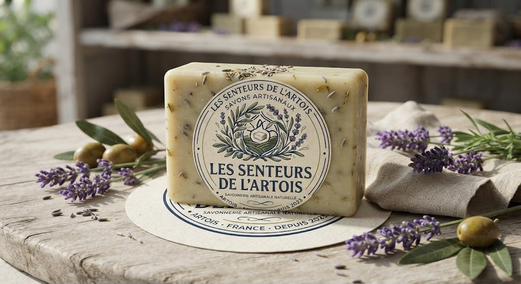 Savon naturel entouré de lavande et d’olives